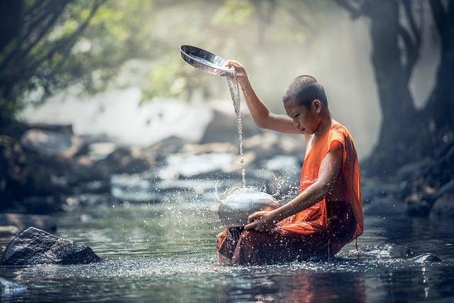 boy, monk, river, buddhist, water, ritual, buddhism, meditation, culture, oriental, religion, worship, sacred, spiritual, nature, thailand, asia